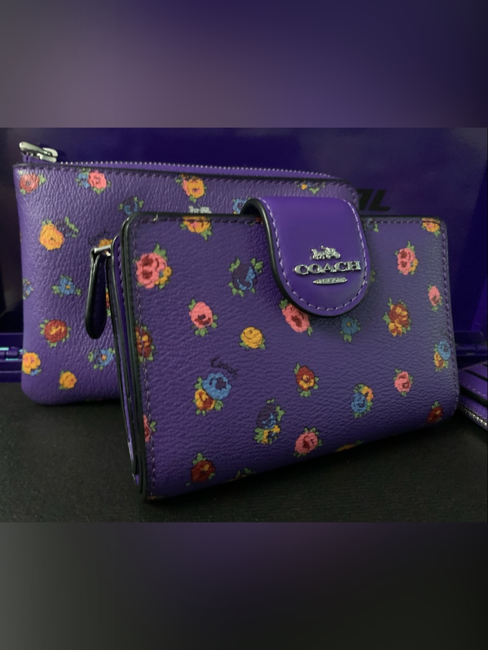 COACH Purple Floral Zip Wallet & Card Case Set - Picture 3 of 8